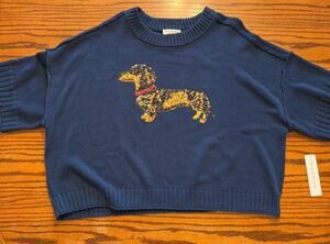 RIO & RIAN OVERSIZED petite XL Womens NAVY KNIT SWEATER SEQUIN DACHSHUND DOG